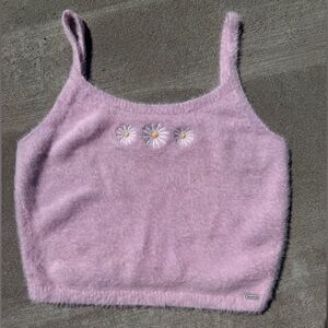the *cutest* fuzzy pink crop with flower embroidery.